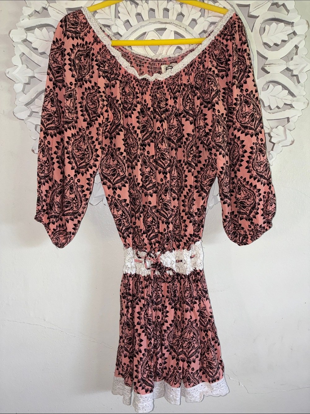 Free People Pink Paisley Off-Shoulder Smocked Waist Dress
